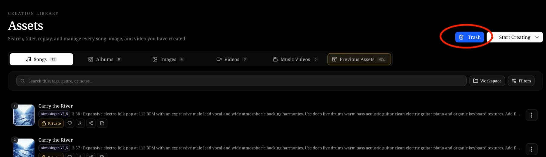 The Assets page with the Trash button circled at the upper right, above the song list.