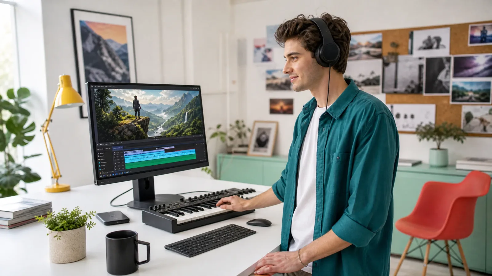 A creator composing music at a keyboard beside a video editing workstation