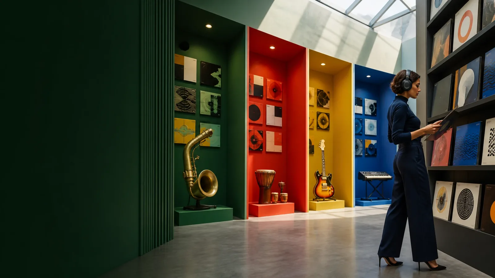 A listener exploring records and instruments in a colorful music gallery